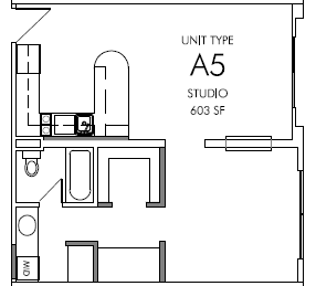 Floor plan for 1 bed, 1 bath, 603 sqft